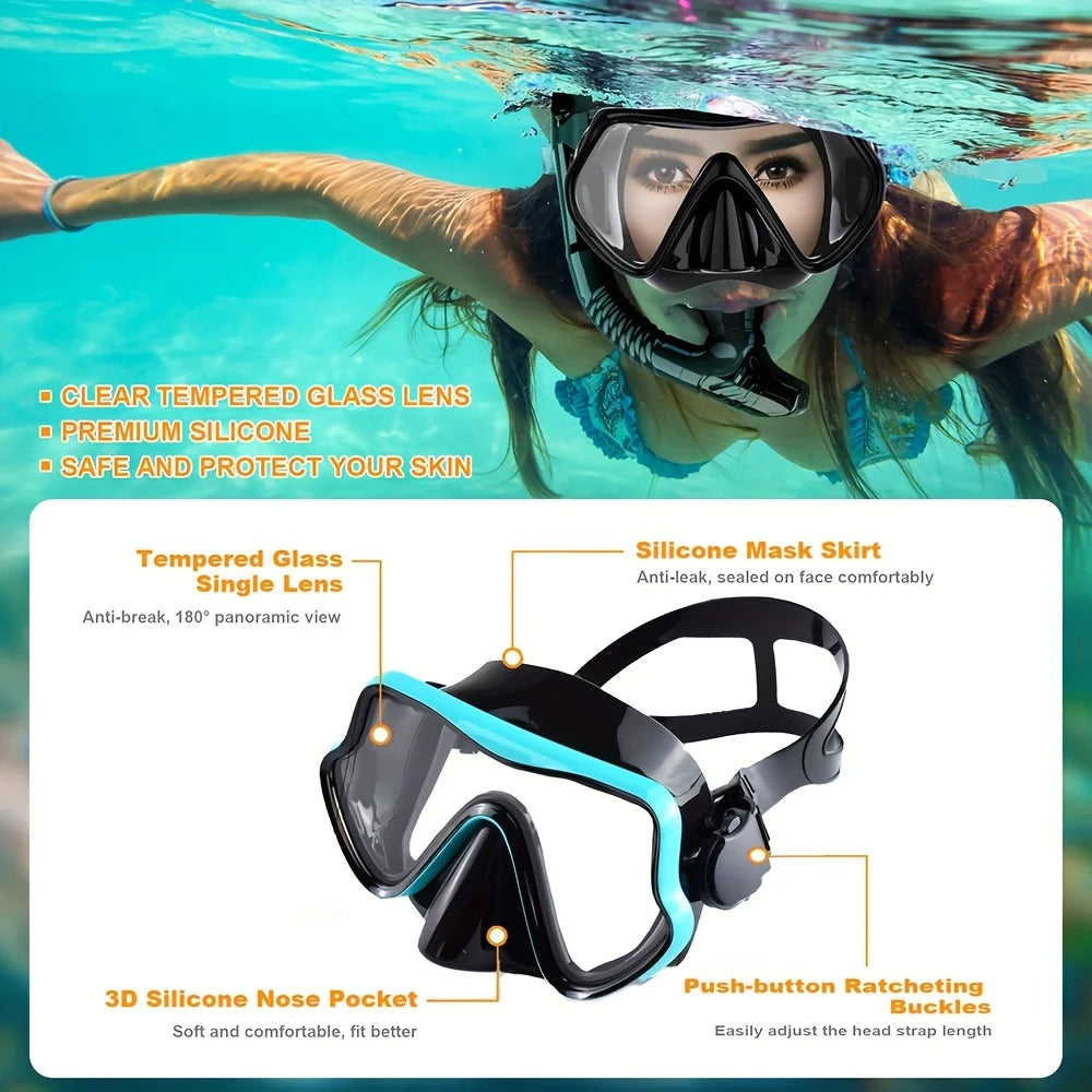 Diving Mask Snorkel Set for Adults Tempered Glass Professional Panoramic Scuba Snorkel Gear Swimming Training Snorkeling Kit